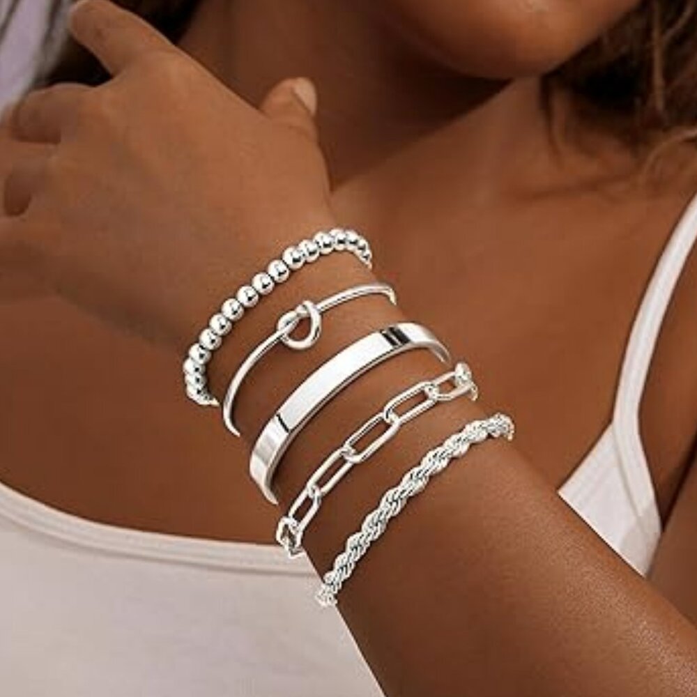 Cuban Rope Non Tarnish Silver‎ Chunky Cuff Bracelet Stackable 5 pc Set Gorgeous